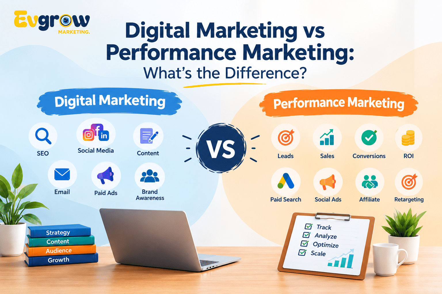 Digital Marketing vs Performance Marketing comparison featuring Evgrow Marketing